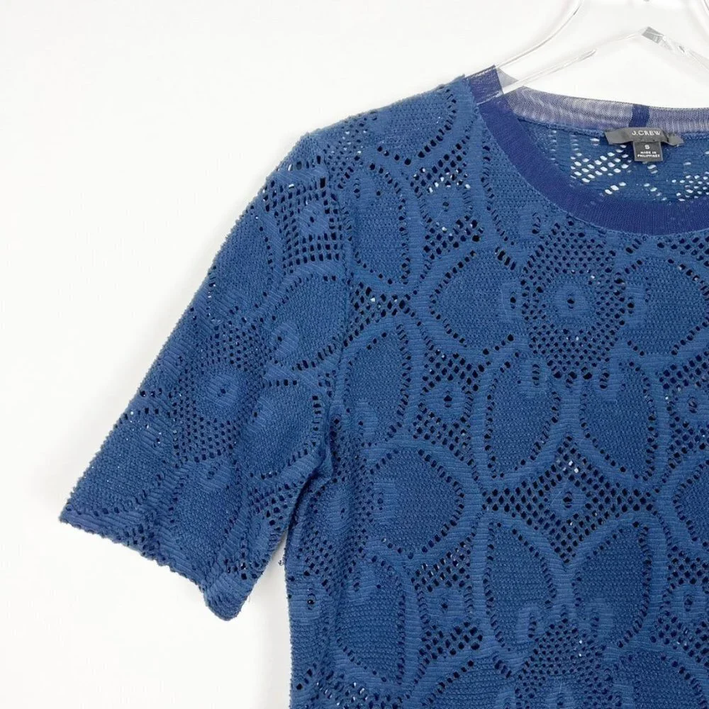 J. Crew Stretchy Floral Lace Crew Neck Short Sleeve Top. Navy Blue. Size S